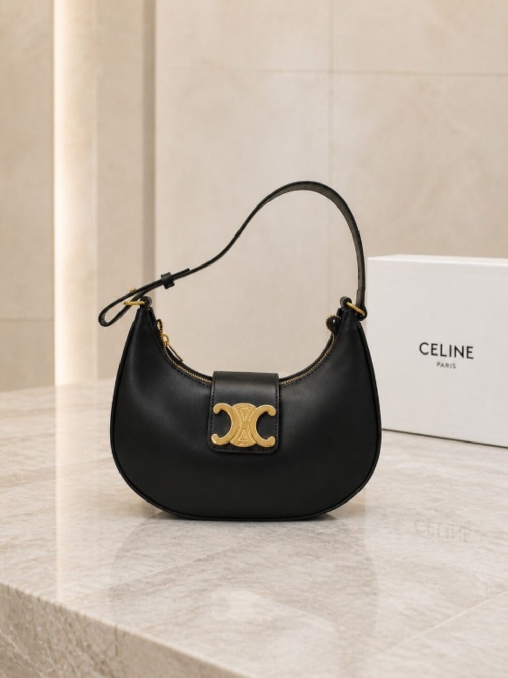 Celine Ava Triomphe Medium Black Leather Shoulder Bag